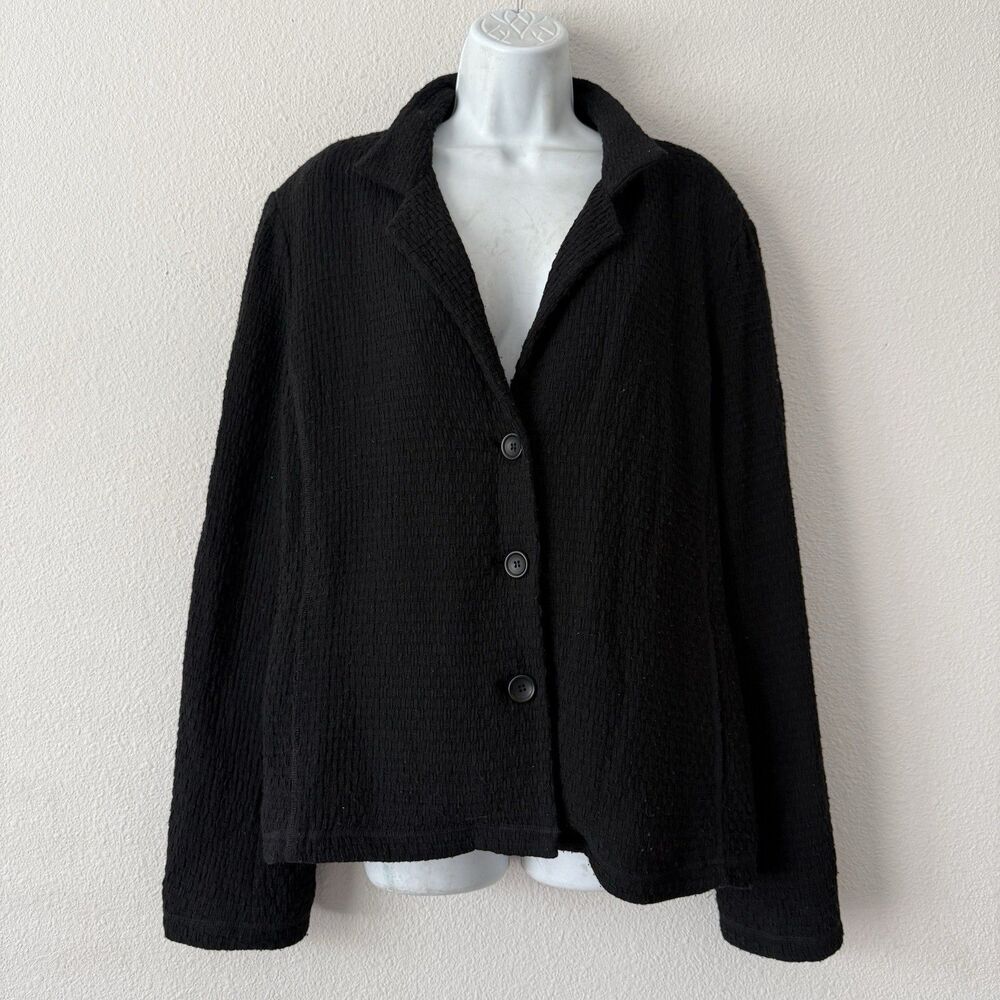 Eileen Fisher XL Italian Fabric Pucker Knit Blazer Black Viscose 3-Button Jacket